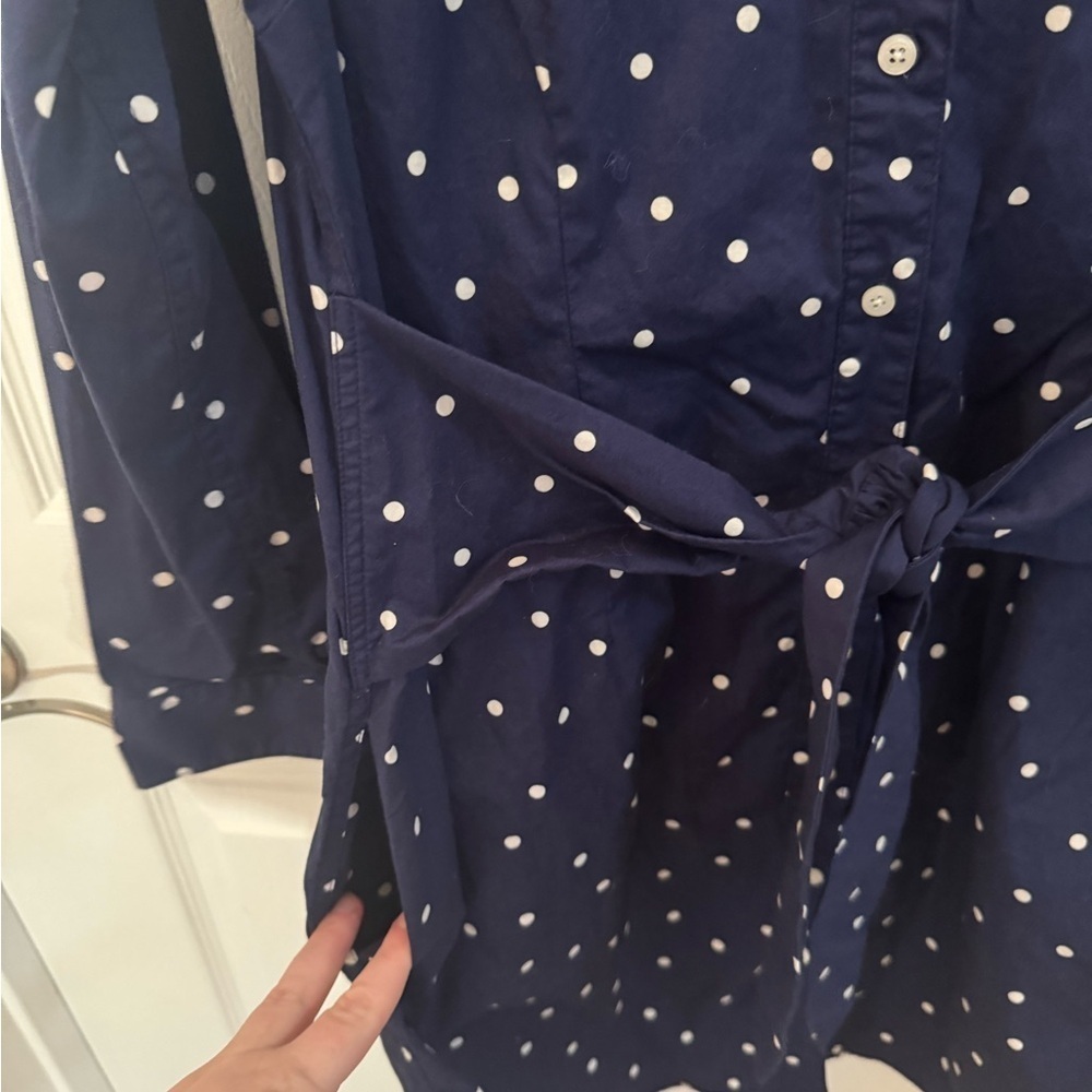 UNTUCKit Navy and White Polka Dot Shirt Dress, tie front - Picture 2 of 7
